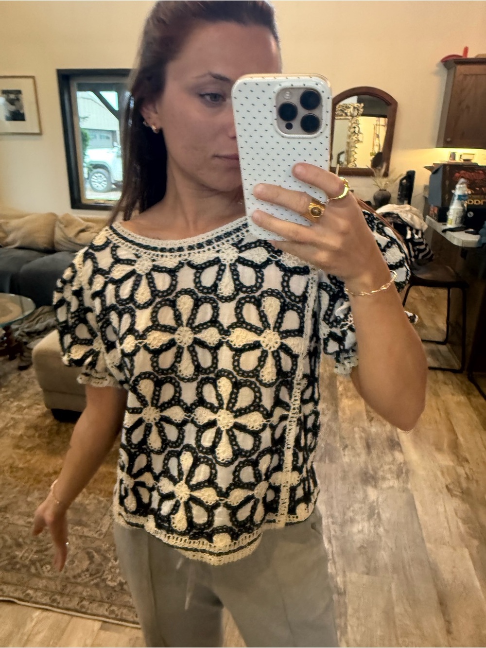 Solitaire Black & Cream Crochet Floral Boxy Top